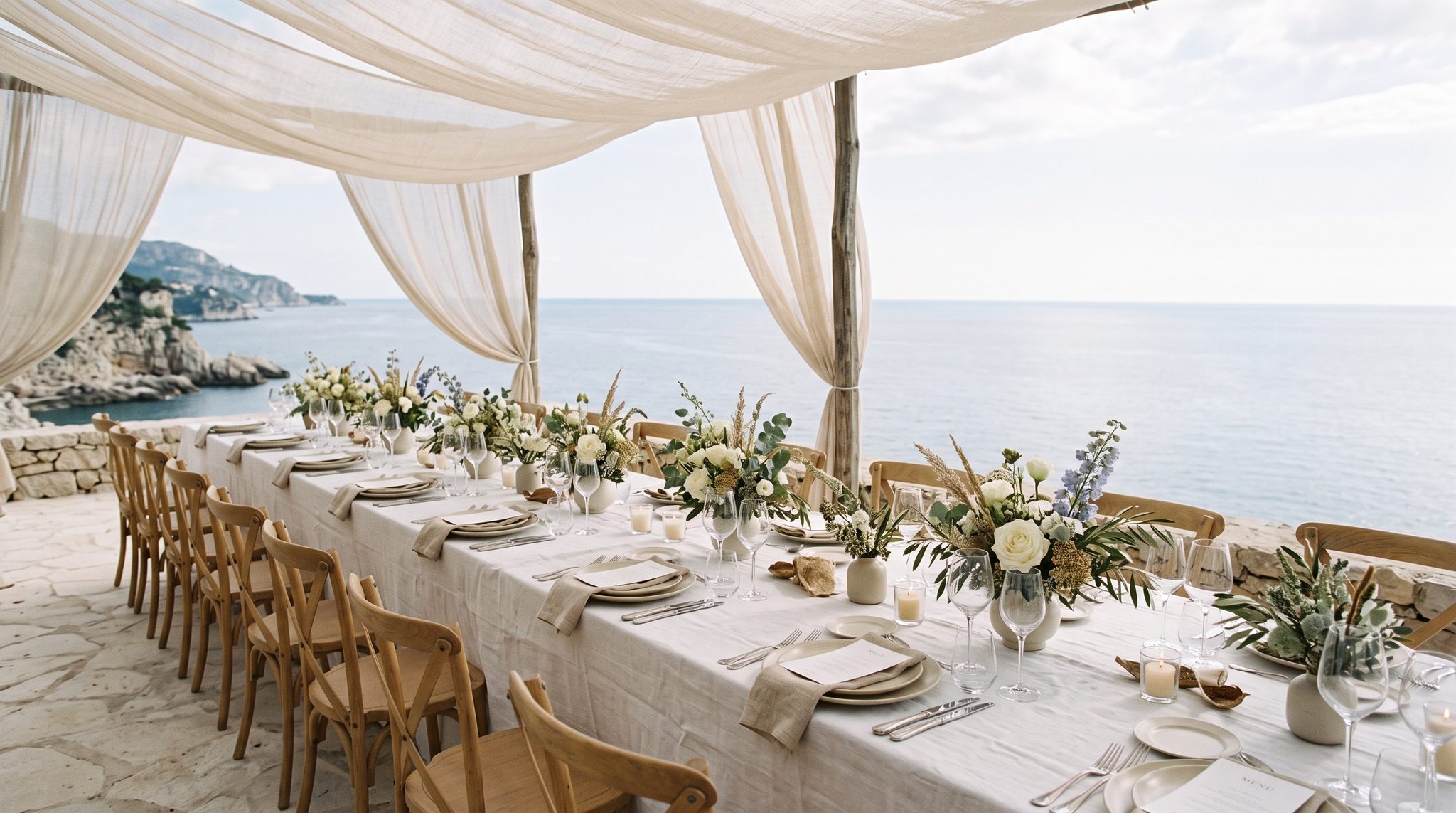 Coastal celebration: linen table on a limestone terrace above the sea