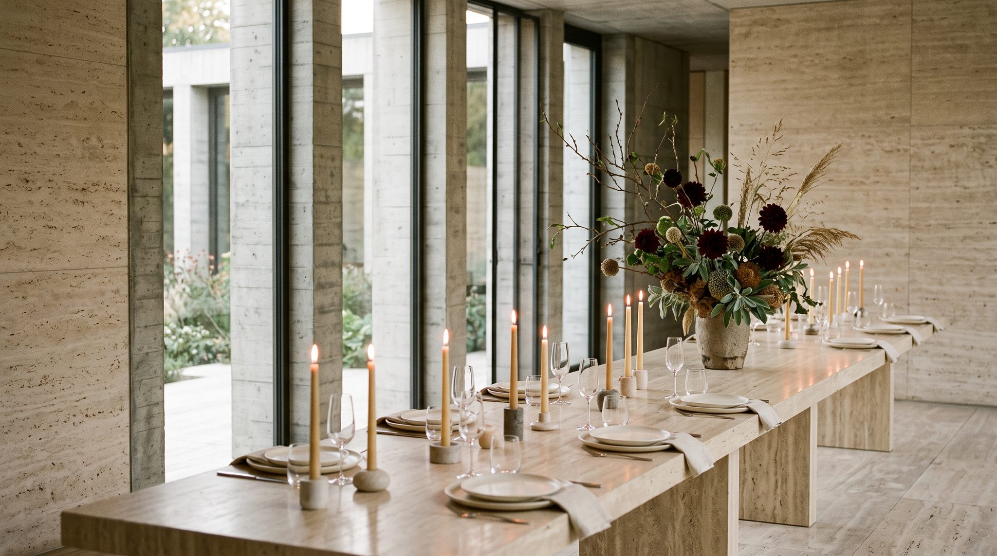 Contemporary celebration: sculptural dinner in a travertine and concrete hall