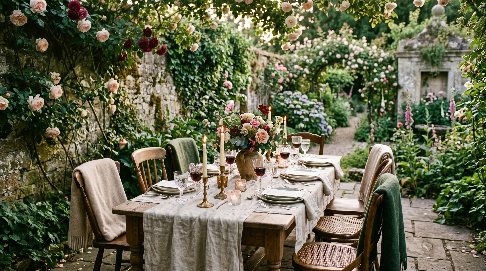 Candlelit table in an old walled garden