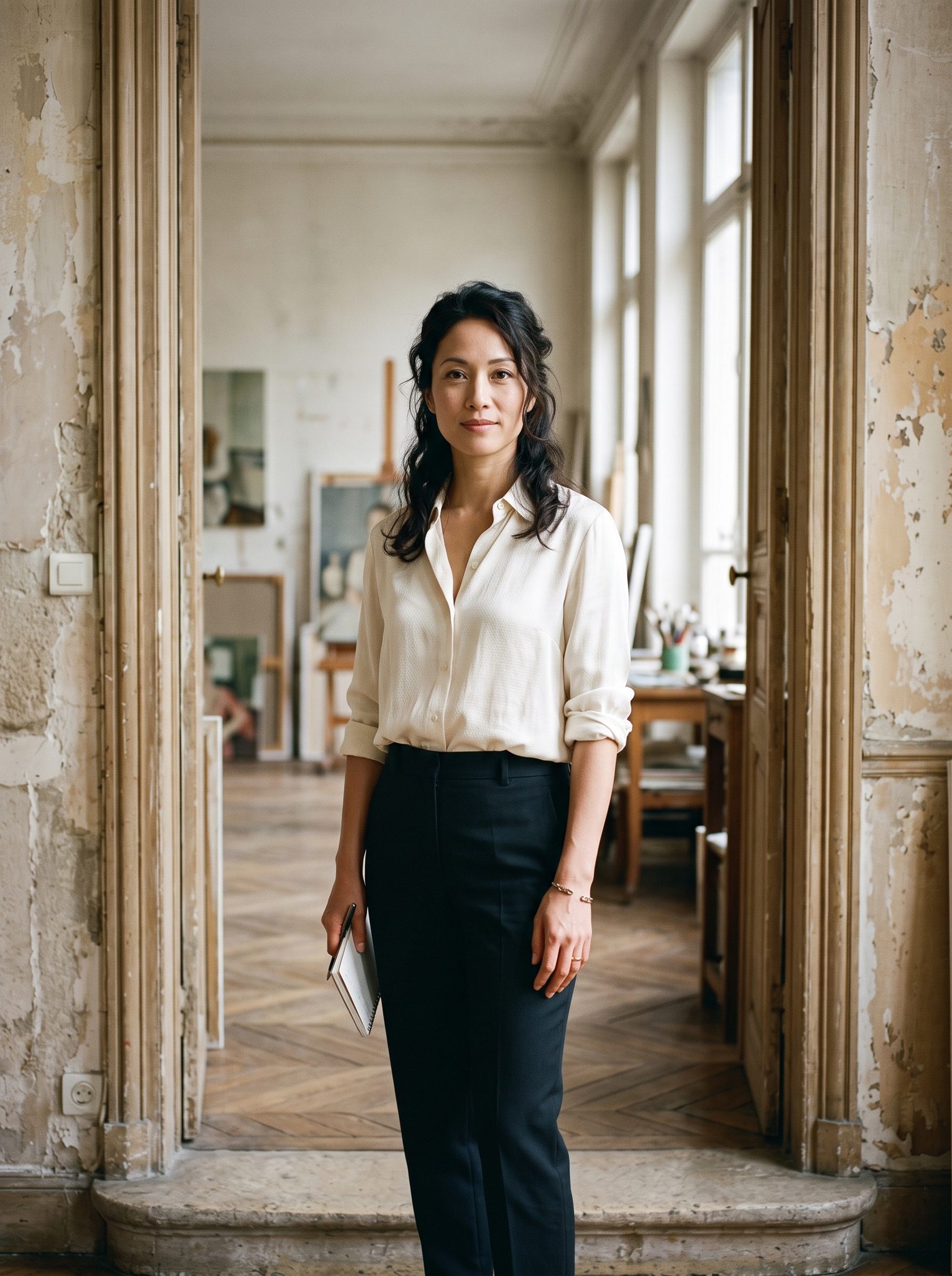 Editorial portrait of Amelia Laurent in a sunlit atelier doorway