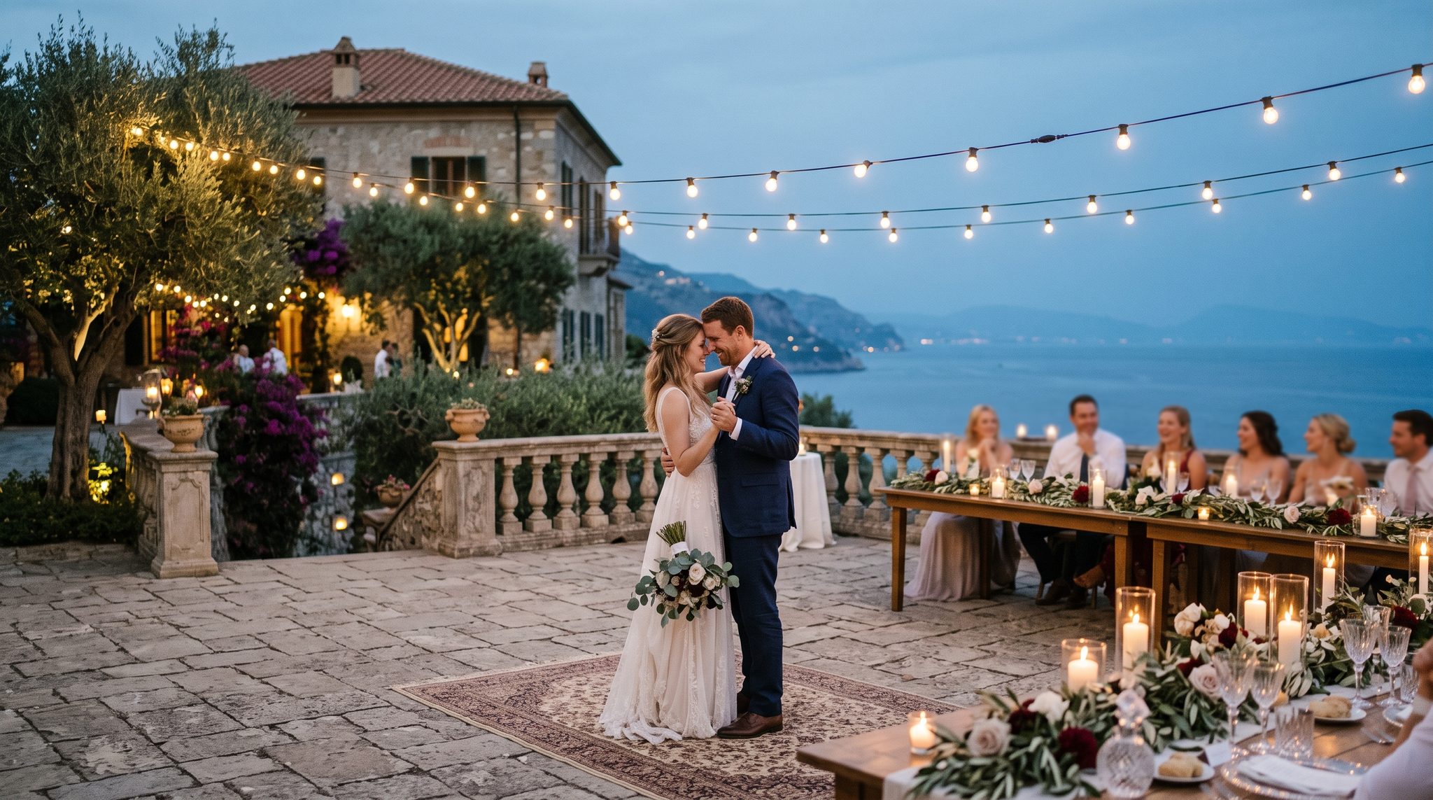 A couple slow-dancing at dusk on the terrace of a Mediterranean clifftop villa under festoon lights