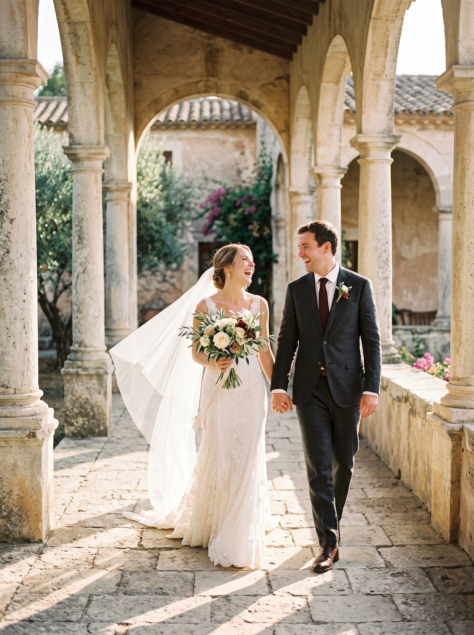 Bride and groom walking through a sunlit limestone colonnade, caught mid-laugh