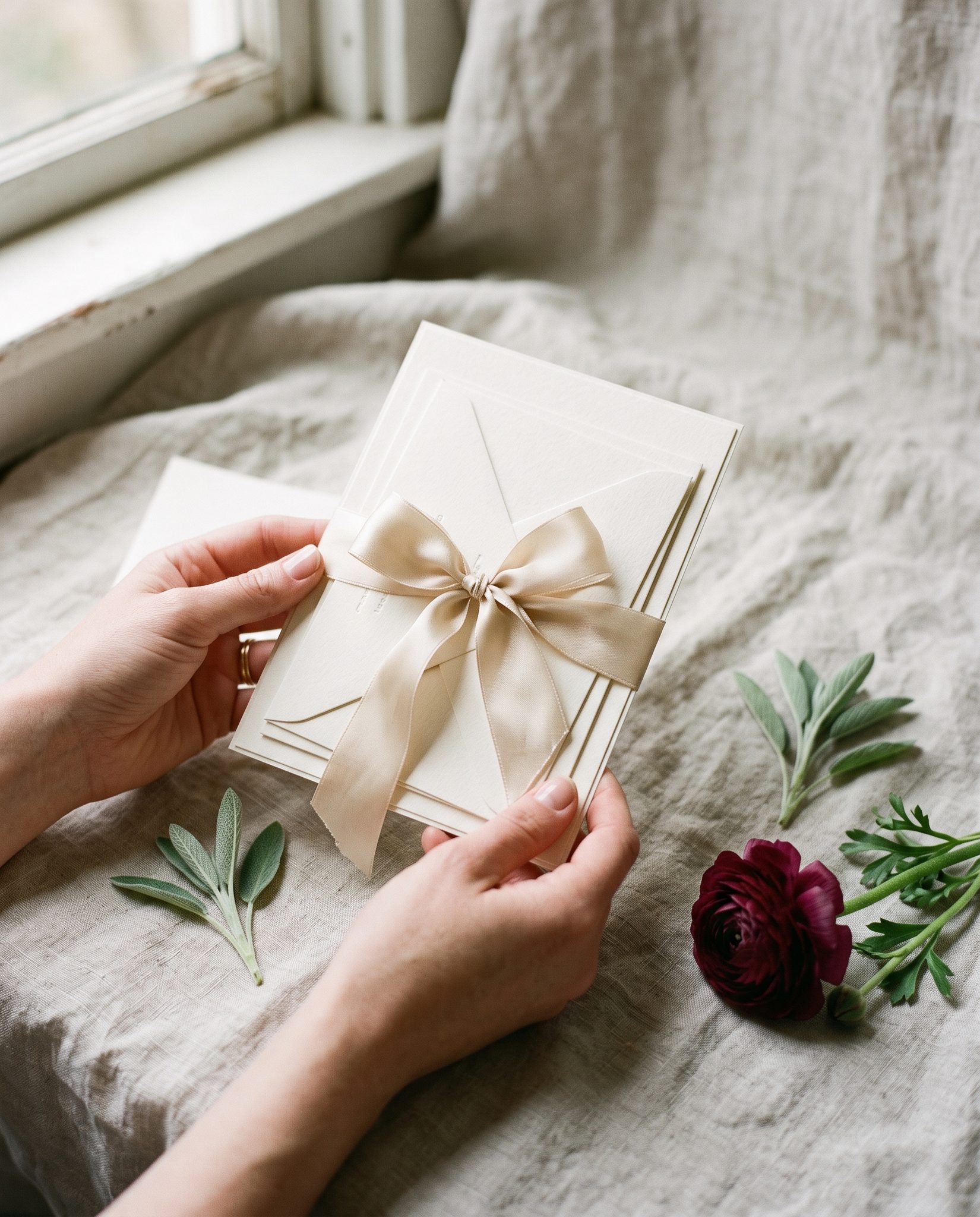 Hands holding an ivory letterpress invitation suite tied with silk ribbon