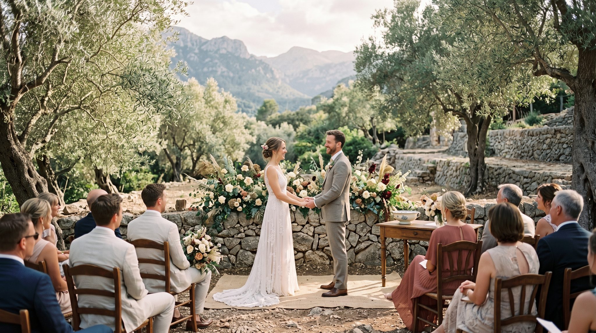 Wedding ceremony in an ancient olive grove with dappled light