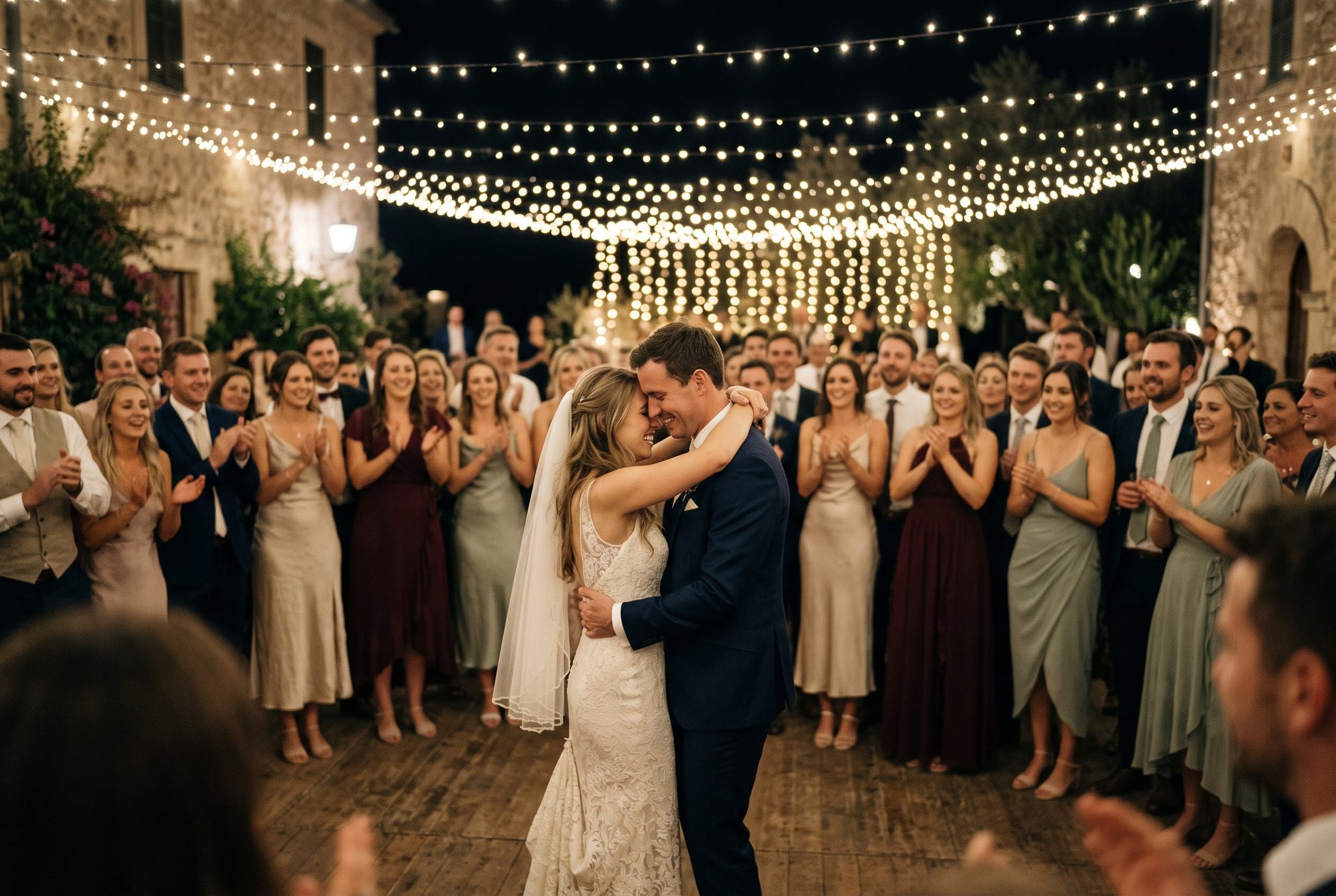 The last dance, couple surrounded by guests with warm light and gentle motion