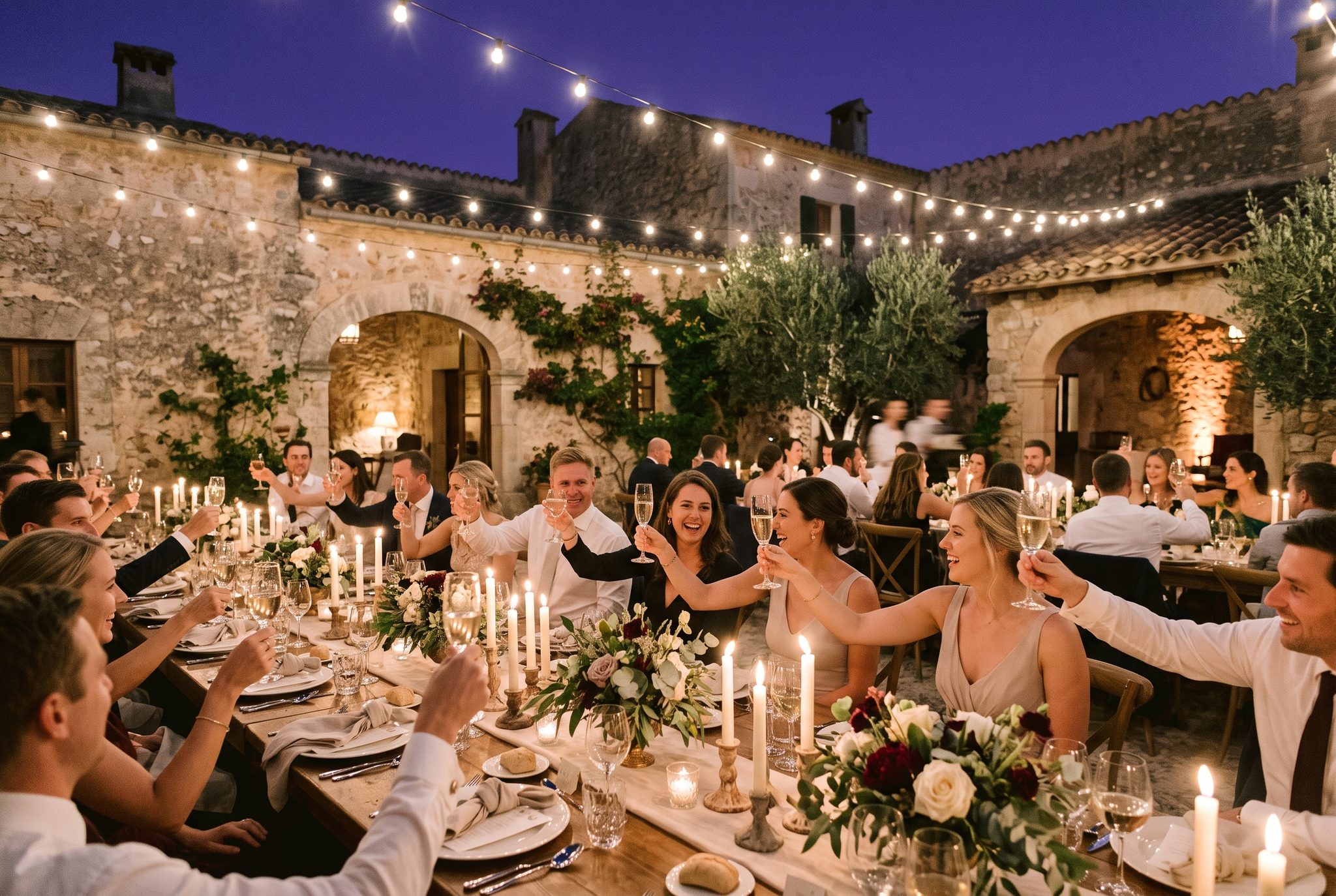 Evening reception under festoon lights in a stone courtyard