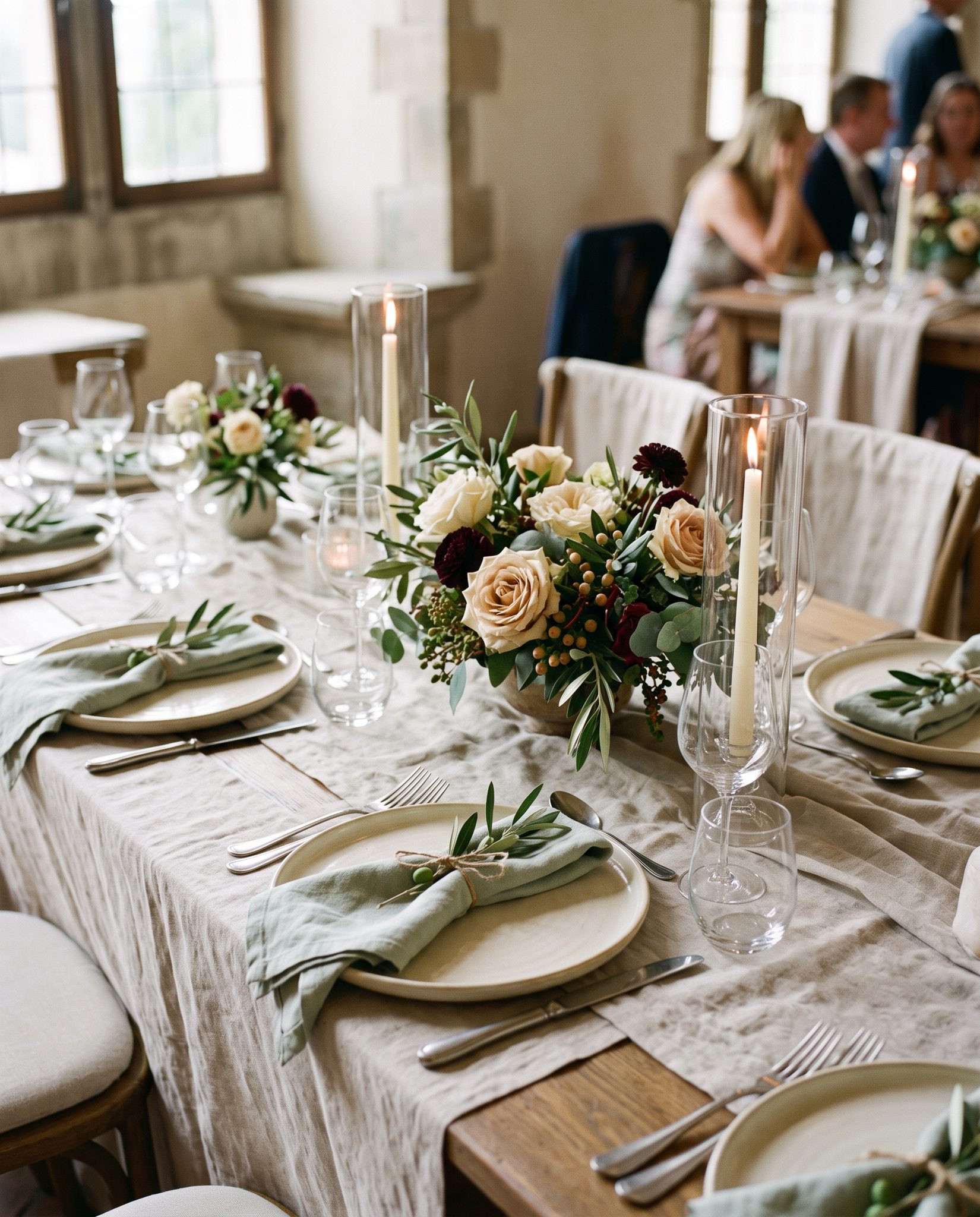Tablescape detail with hand-thrown ceramics, linen napkins and taper candles