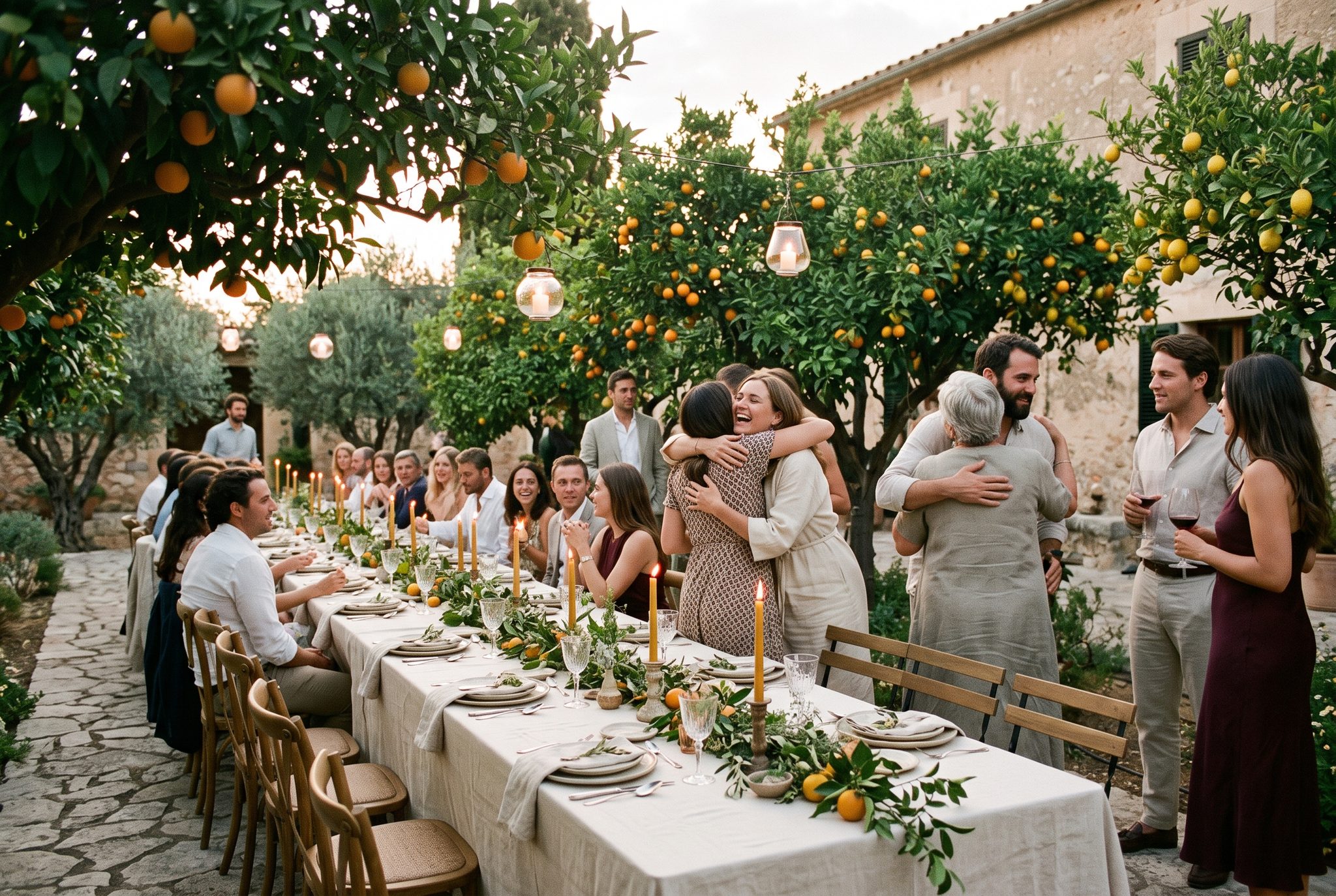 Alfresco welcome dinner beneath citrus trees, guests embracing in golden light