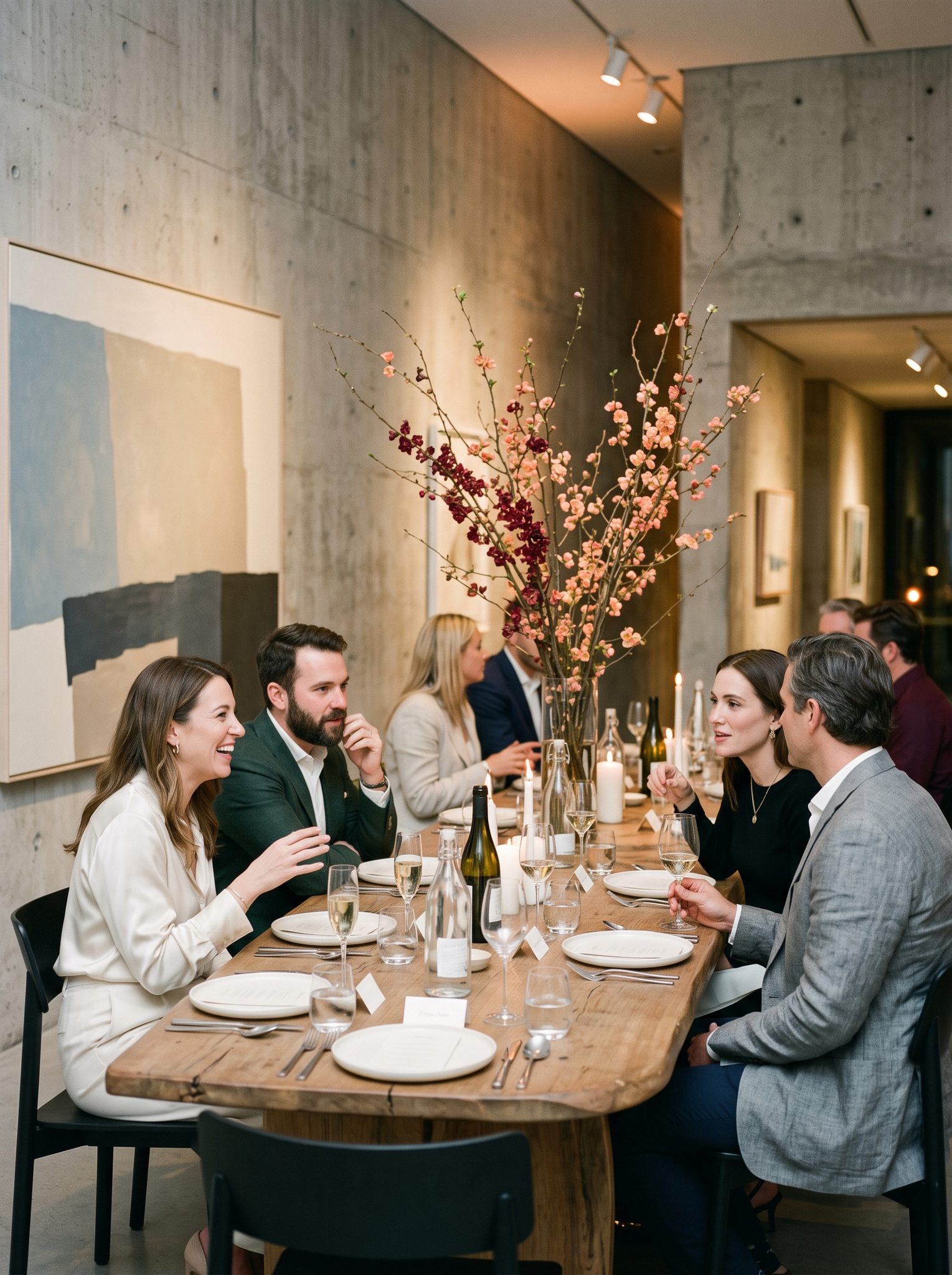 Sculptural brand dinner in a minimalist gallery with dramatic florals