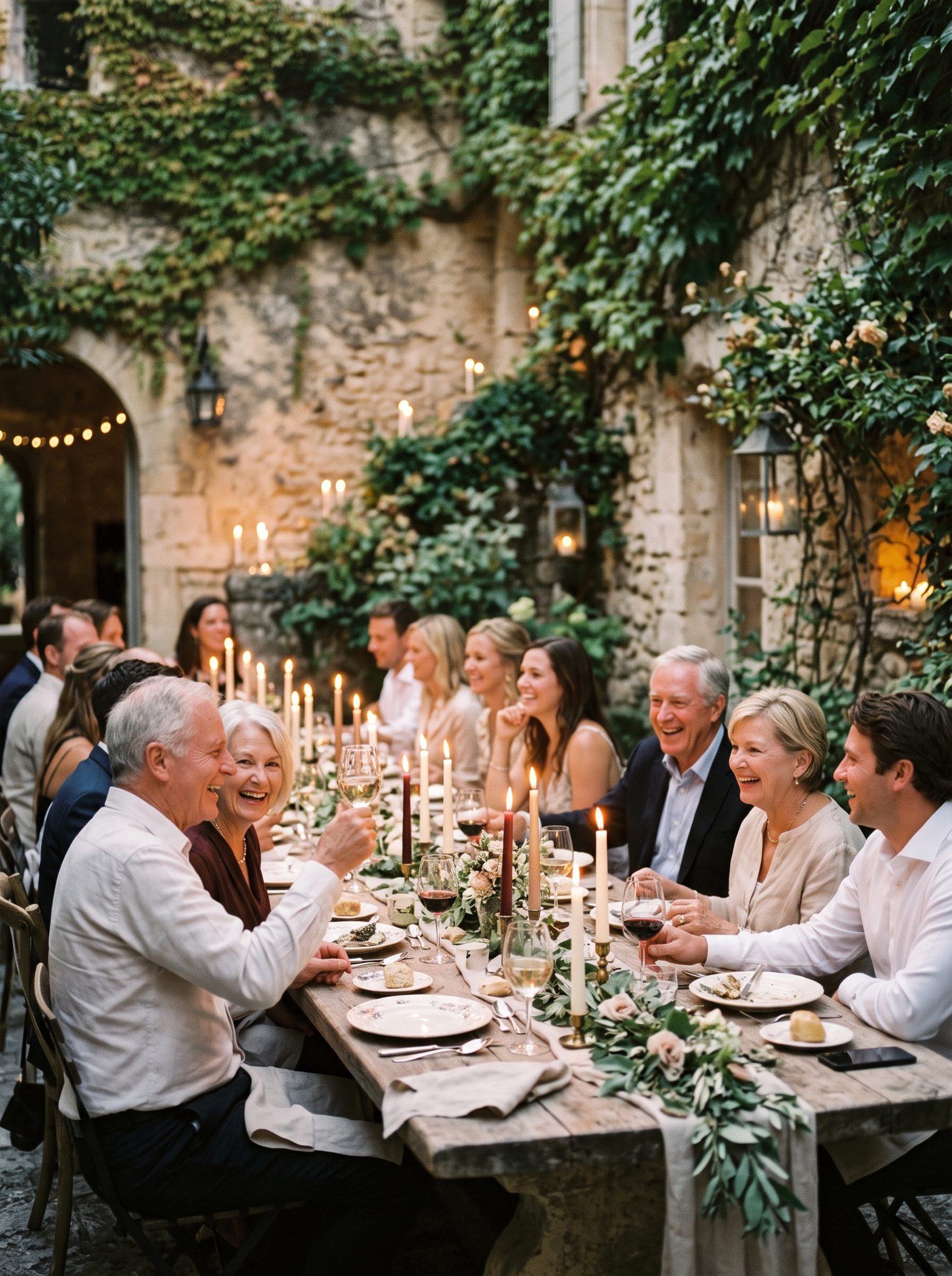 Candlelit long table dinner in a walled courtyard at night