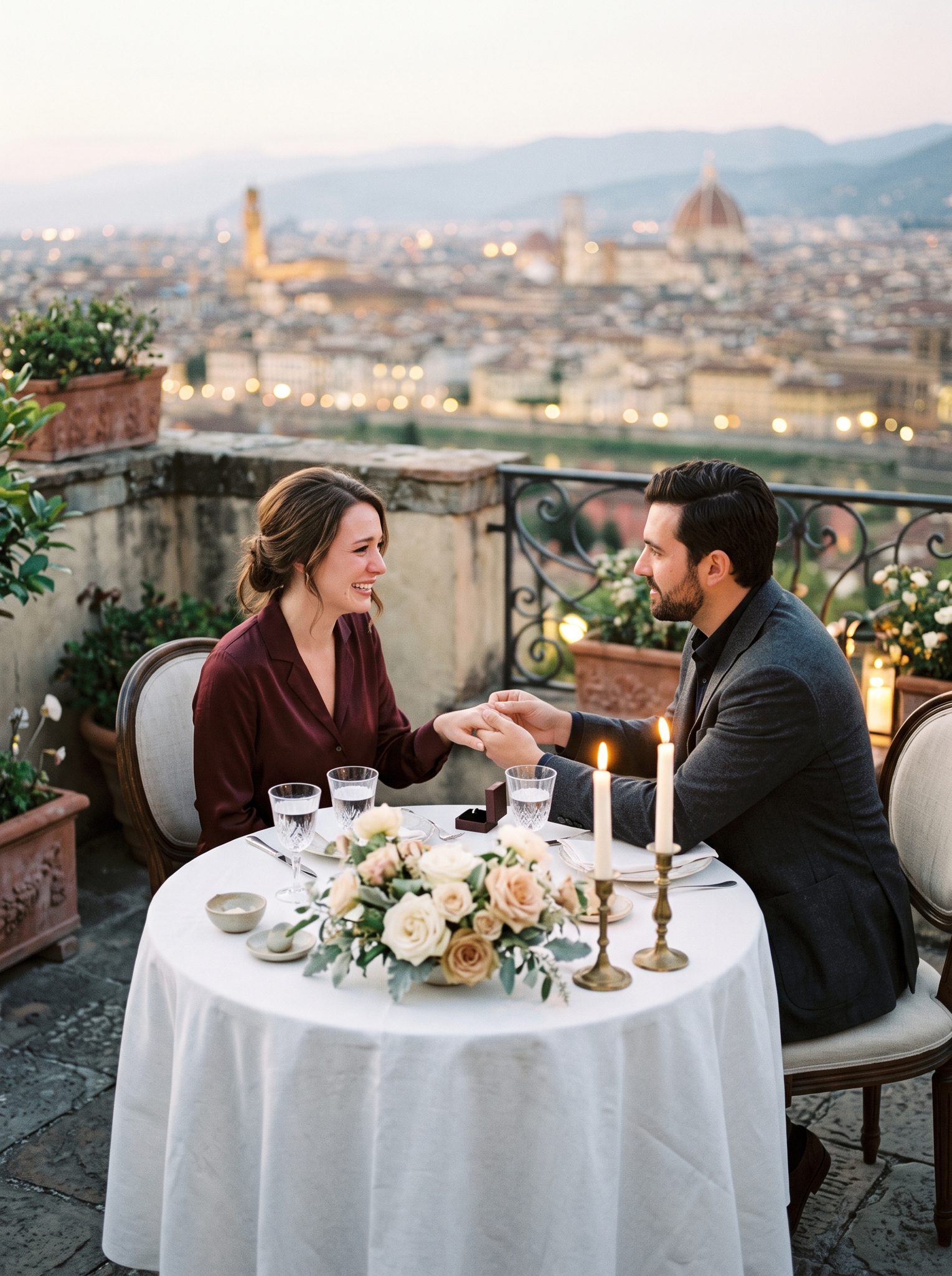 Intimate dinner for two on a rooftop terrace at dusk, a hand reaching across the table