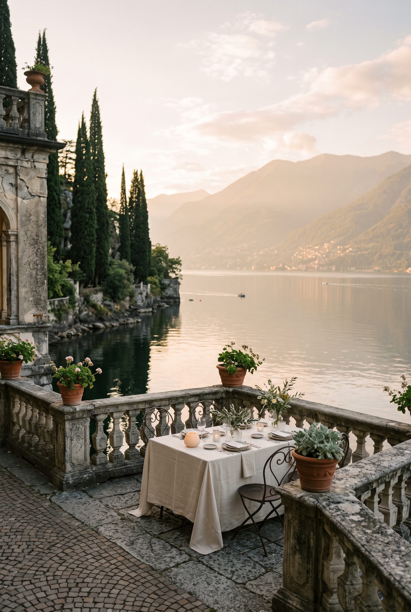 Villa terrace over Lake Como at golden hour