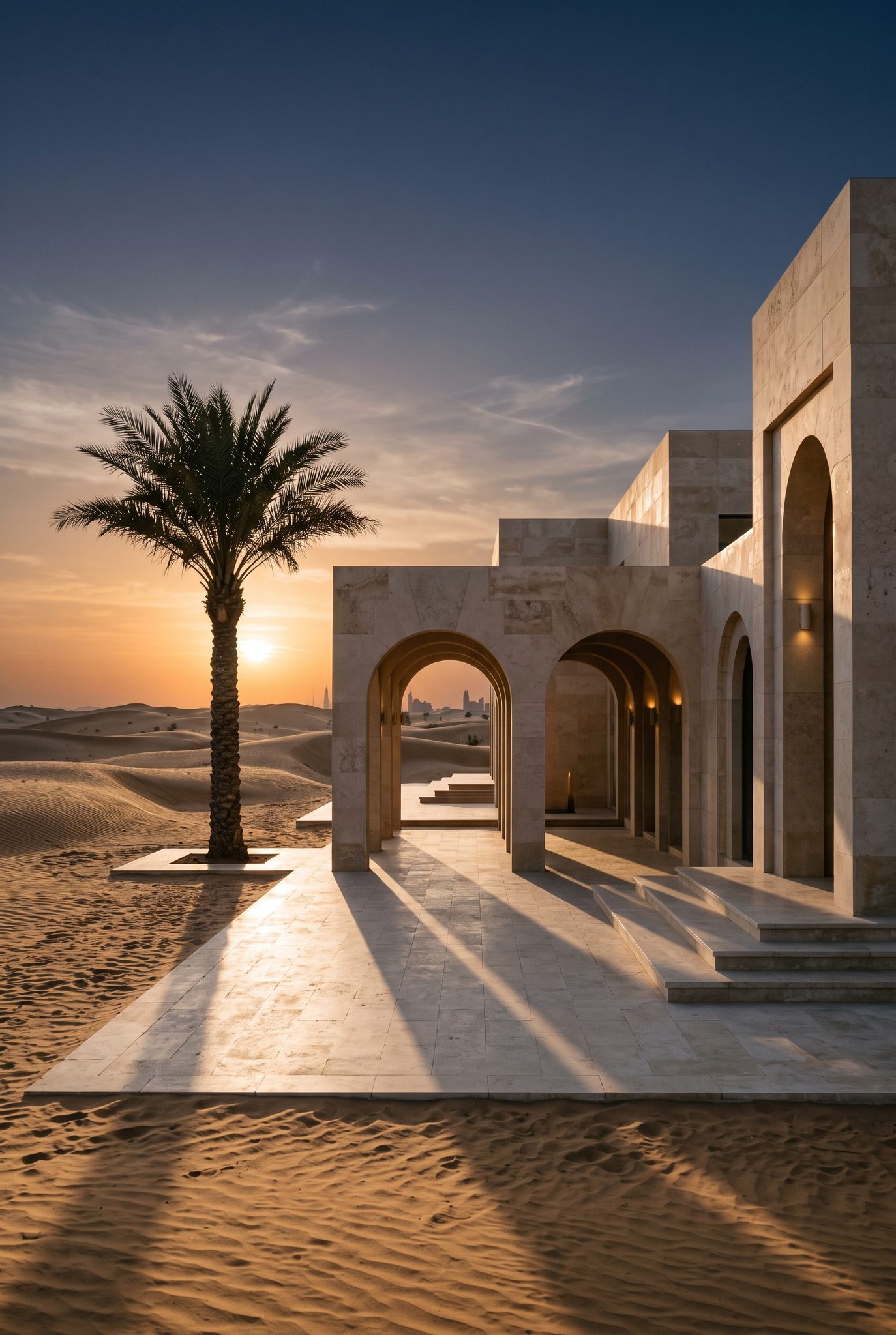 Minimal desert architecture at sunset near Dubai