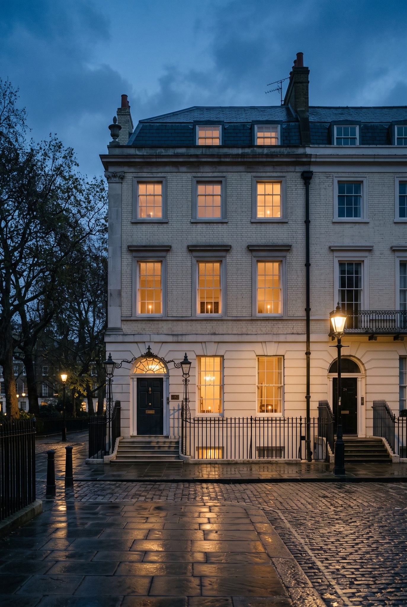 Georgian townhouse in London at dusk