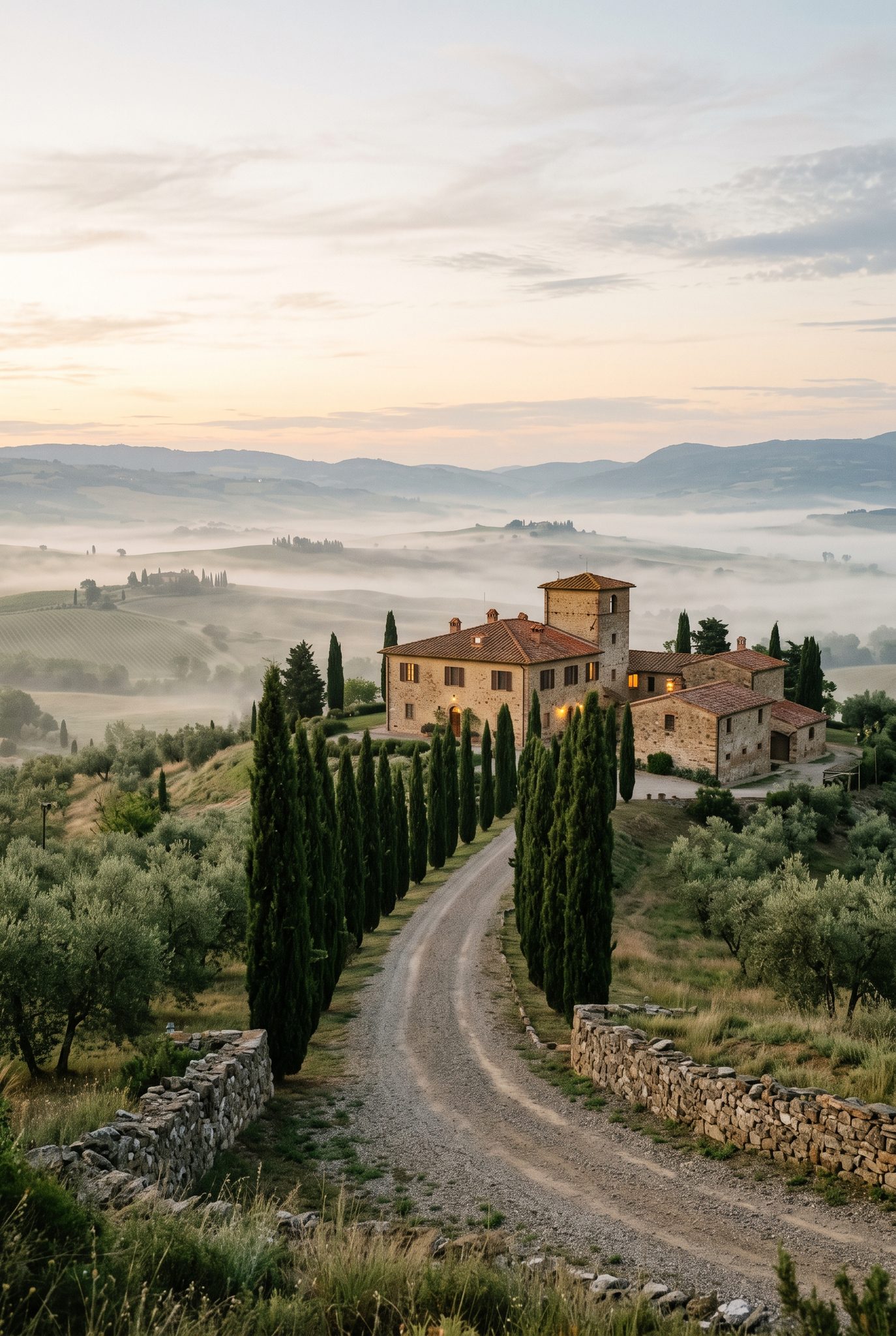 Tuscan villa and cypress avenue in morning mist