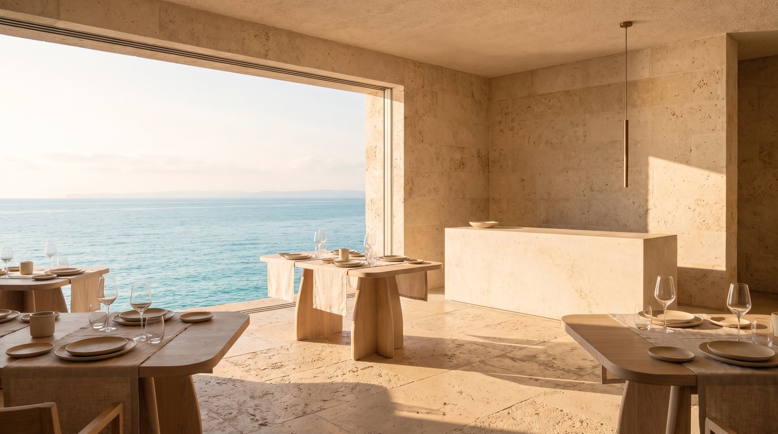 The dining room — a single shelf of pale marès limestone open to the sea