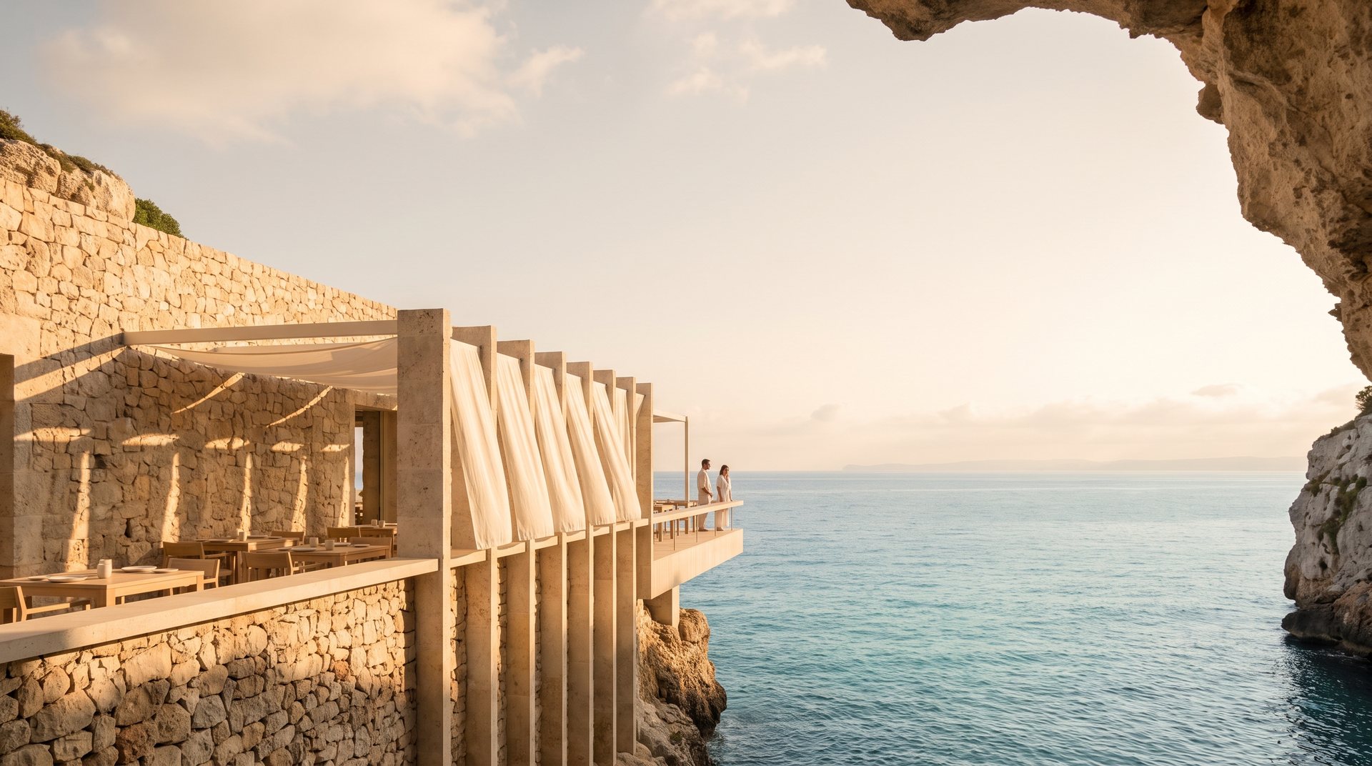 Levante's pale limestone terrace above the Balearic Sea on Menorca's south coast, in hard midday light
