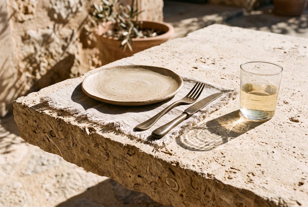 Limestone, raw linen, unglazed ceramic and cast bronze in hard island sun