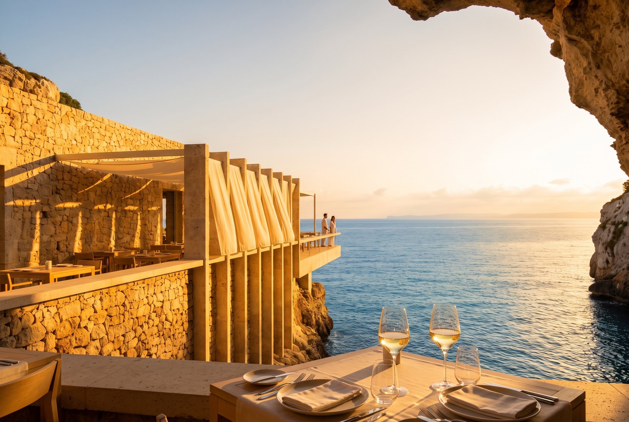 The terrace at golden hour, the sea turning gold below